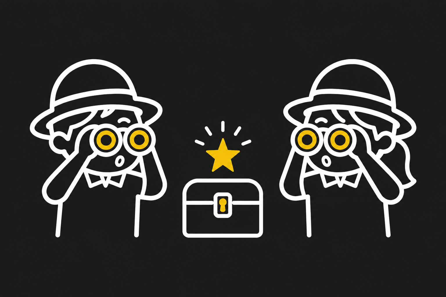 探検隊2人が双眼鏡で宝を見つけるイラスト